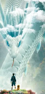 White dragon with epic scenery in fantasy wallpaper.