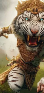 White tiger warrior with golden armor in an epic fantasy scene.