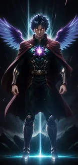 Winged hero in dark armor with glowing wings and cosmic background.