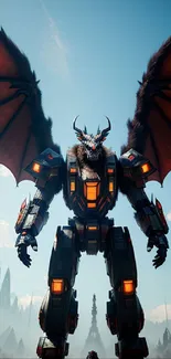 Epic winged mech with dragon-like wings set against the sky.