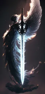 Fantasy sword with winged design in dramatic digital artwork.