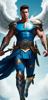 Fantasy warrior in blue armor with wings against a cloudy sky.