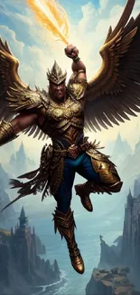 Epic winged warrior with a fiery sword in golden armor.