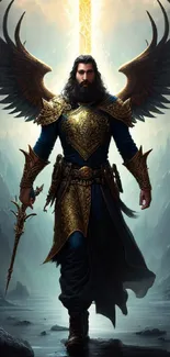 Epic winged warrior with golden armor in a mystical landscape.