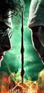 Two wizards face off in a magical duel, set against a dark green backdrop.