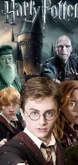 Harry Potter wallpaper with Hogwarts and iconic characters.