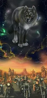 Wolf overlooking bikers under a vibrant galaxy sky.