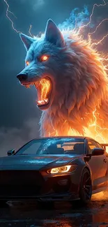 Fantasy art wallpaper with a glowing wolf and sleek car under lightning.