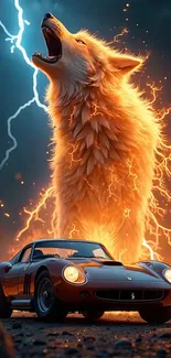 Epic scene of a roaring lightning wolf and vintage car.