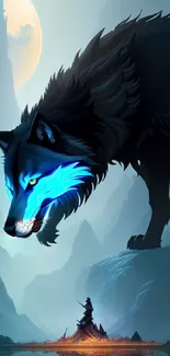 Epic wolf with glowing blue eyes in a moonlit landscape.