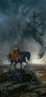 Epic fantasy scene with giant wolf and rider in rain.