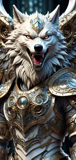 Epic wolf in ornate golden armor with a fierce expression.