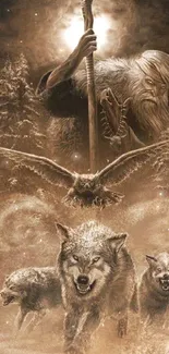 Epic fantasy scene with wolves and a mystical figure in the forest.