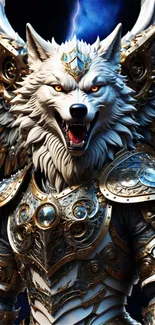 Epic wolf in gold armor with intricate details.