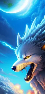 Epic wolf with luminous moon and celestial sky