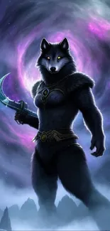 Epic wolf warrior standing under a cosmic sky with glowing eyes.