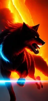 Glowing wolf facing warrior near fiery volcano.