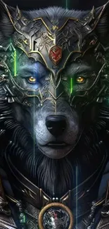 Epic wolf in ornate armor with glowing accents and intense gaze.