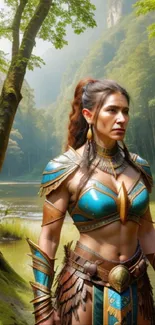 Fierce woman warrior in forest setting, wearing intricate armor.