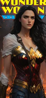 Wonder Woman iconic mobile wallpaper with fiery background.