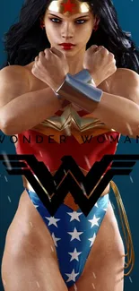 Wonder Woman wallpaper with iconic stance and starry outfit.