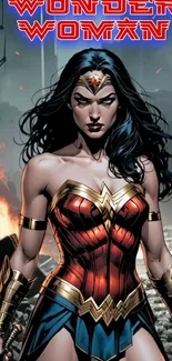 Wonder Woman in red and gold armor against a dramatic backdrop.