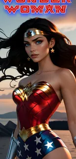 Wonder Woman in iconic superhero pose with dark red and blue costume.