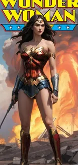 Wonder Woman stands heroically amidst fiery clouds.