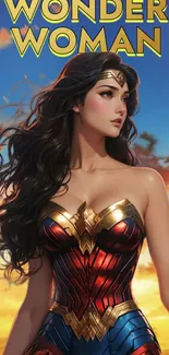 Artistic Wonder Woman mobile wallpaper with vibrant sunset backdrop.