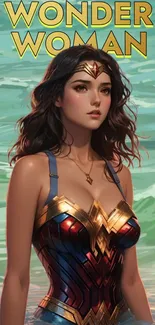 Wonder Woman in iconic armor in teal ocean background.