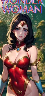 Wonder Woman anime style wallpaper with vibrant colors and fantasy background.