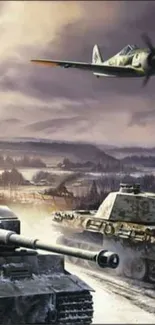 WWII tanks and fighter plane in snowy battlefield scene.