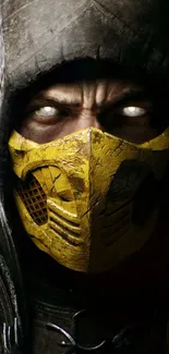 Epic warrior in yellow mask with glowing eyes.