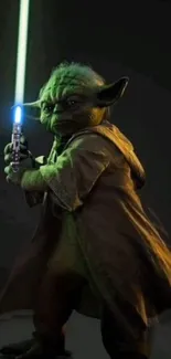 Yoda wields a glowing lightsaber on a mobile wallpaper.