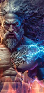 Epic Zeus with lightning on dark blue background.