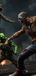 Epic zombie battle scene with fiery background and monsters.