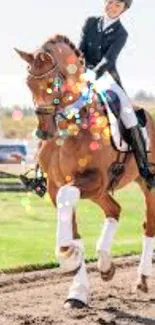 Equestrian rider on a chestnut horse in motion with a scenic backdrop.