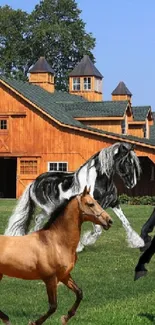 Colorful horses playfully roam a rustic farm.