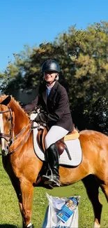 A woman horseback riding outdoors under a clear blue sky.