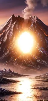 Erupting volcano with fiery lava in a vivid fantasy landscape.