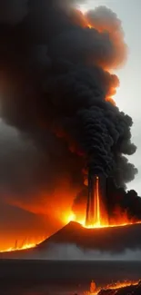 Dynamic wallpaper of an erupting volcano with fiery lava and dark smoke.