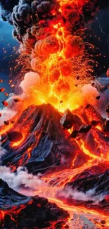 Fiery eruption of a volcano with intense lava flow