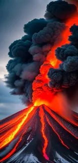 Vibrant mobile wallpaper of an erupting volcano with fiery lava and dark smoke.