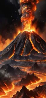 Erupting volcano with vivid lava and fiery flames.