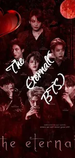 Dark red BTS wallpaper with artistic design featuring band members.