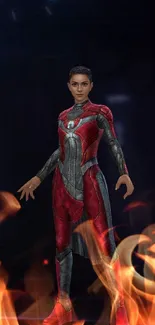 Eternals superhero in red suit with futuristic background.