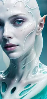 Ethereal alien portrait in icy blue hues.