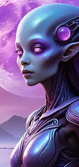 Ethereal alien with a purple moon background in sci-fi wallpaper.