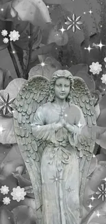 Gray marble angel surrounded by flowers and sparkling stars in a serene design.