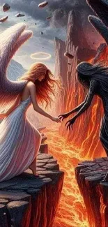 Angel and dark figure art in fiery landscape.